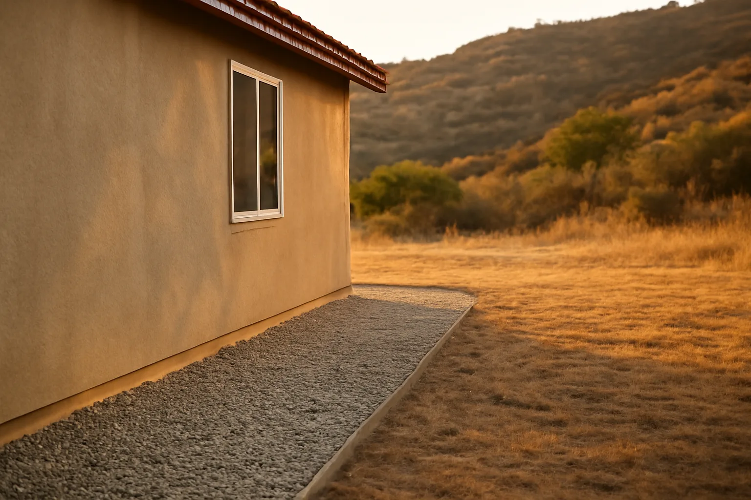 Cleared defensible space zone around a home with dry hillside brush in the background