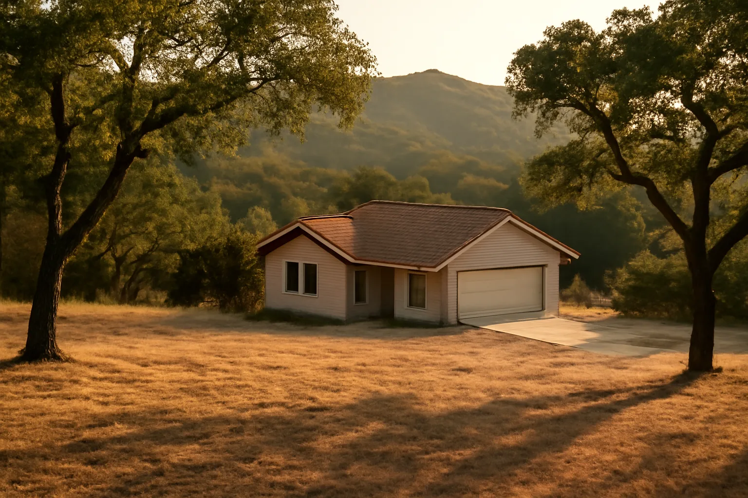 Cleared defensible space zone around a Folsom-area home near dry wildland brush