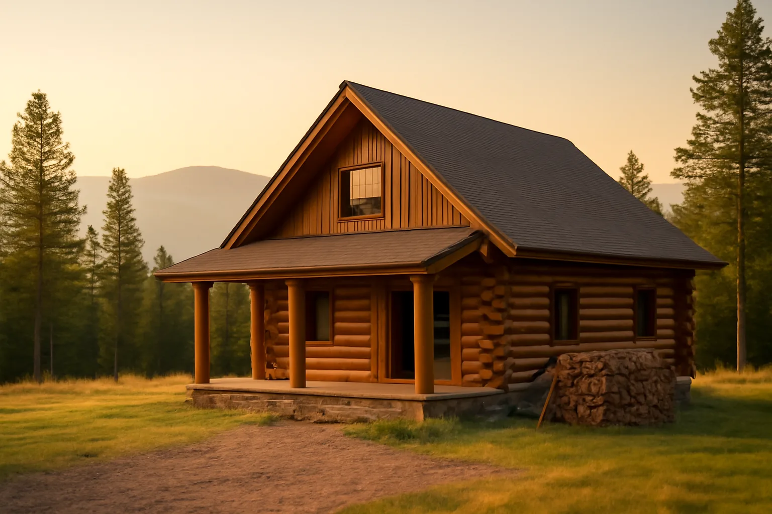 Colorado mountain home with cleared defensible space zone and spaced pines beyond