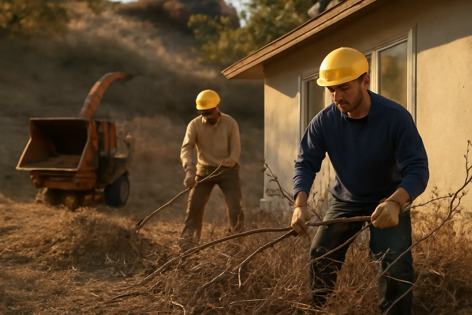 Workers clearing brush and low branches around a hillside home for defensible space
