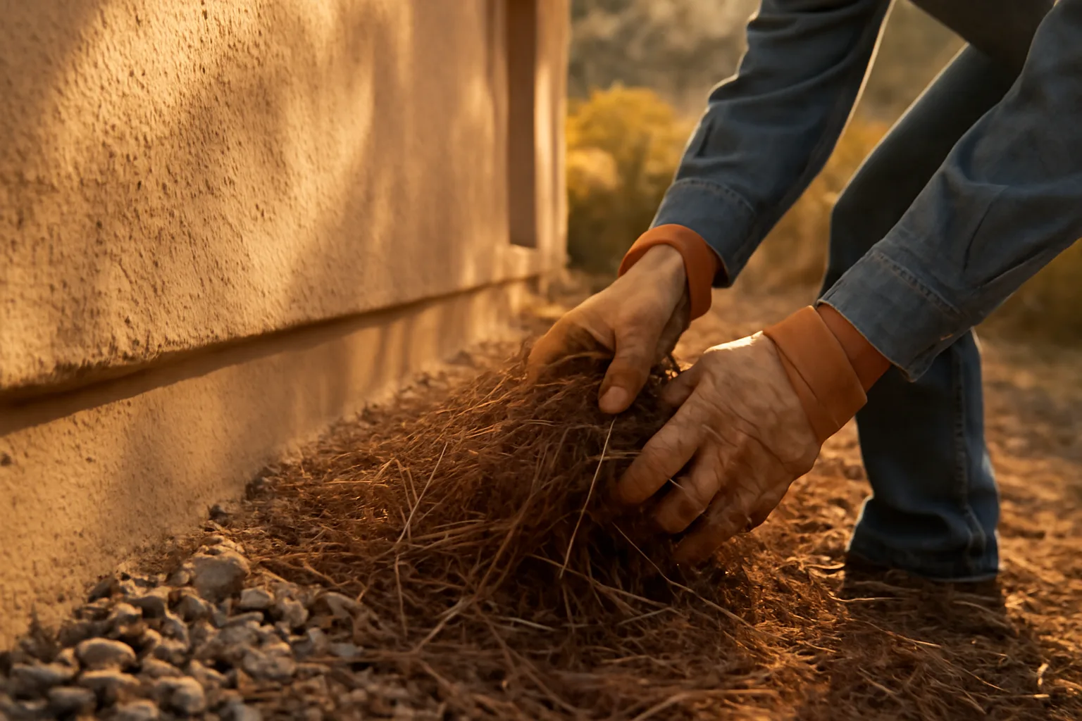 Homeowner clearing dry brush near house foundation during defensible space inspection prep in San Diego