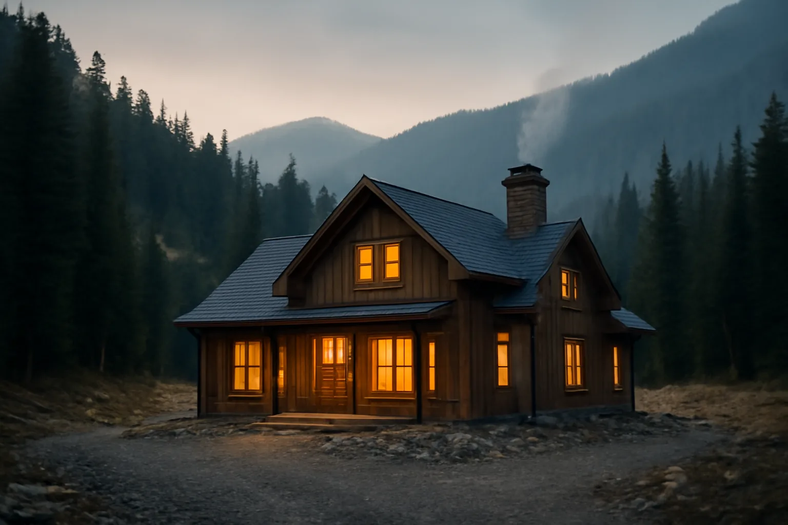 Mountain home with cleared defensible space zone against Eagle County forested slopes at dusk