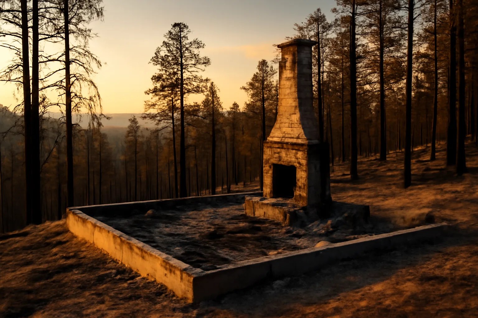 Burned home foundation and chimney on a wooded hillside near Colorado Springs after wildfire