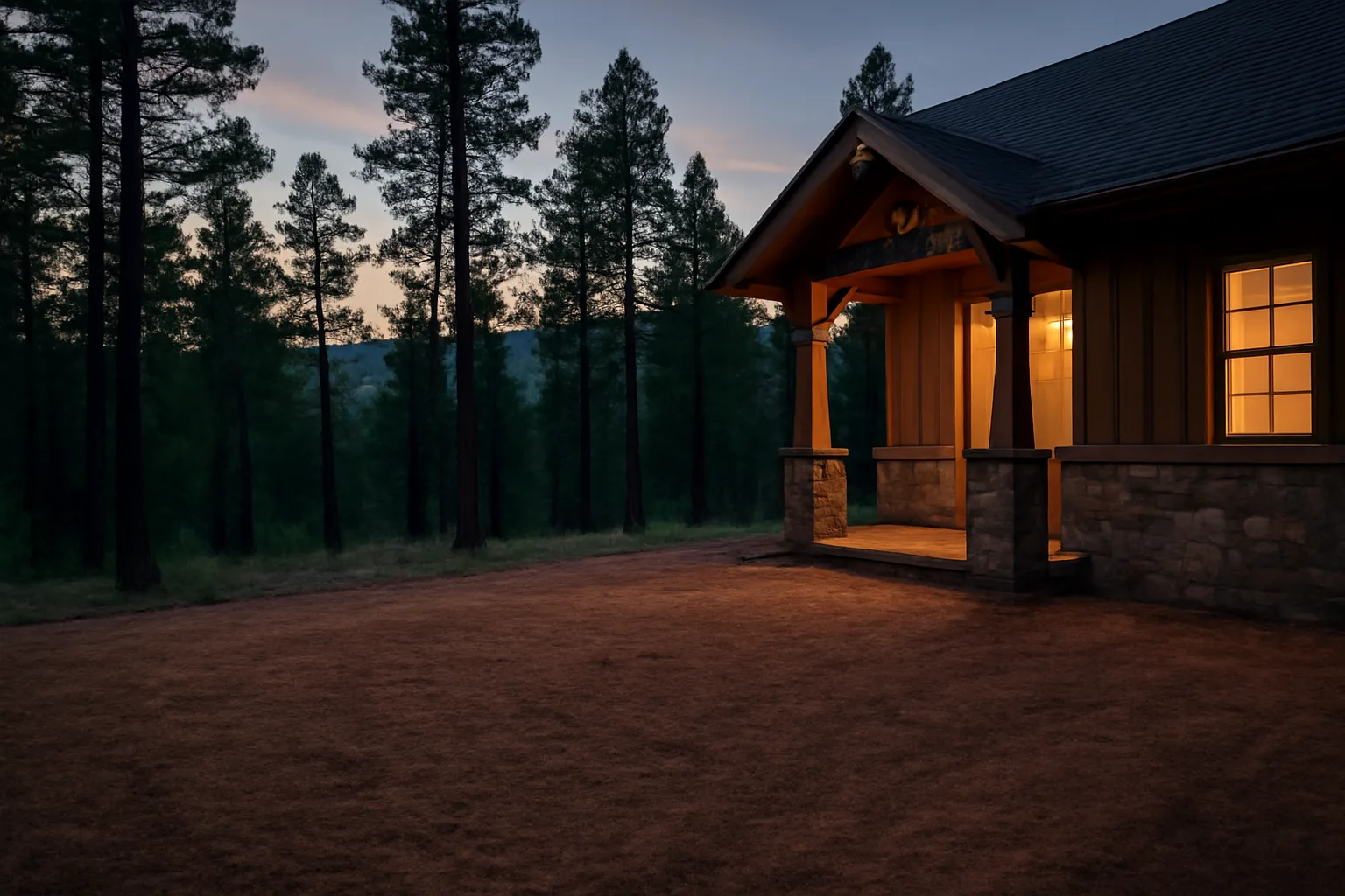 Cleared defensible space zone around a Colorado mountain home at dusk