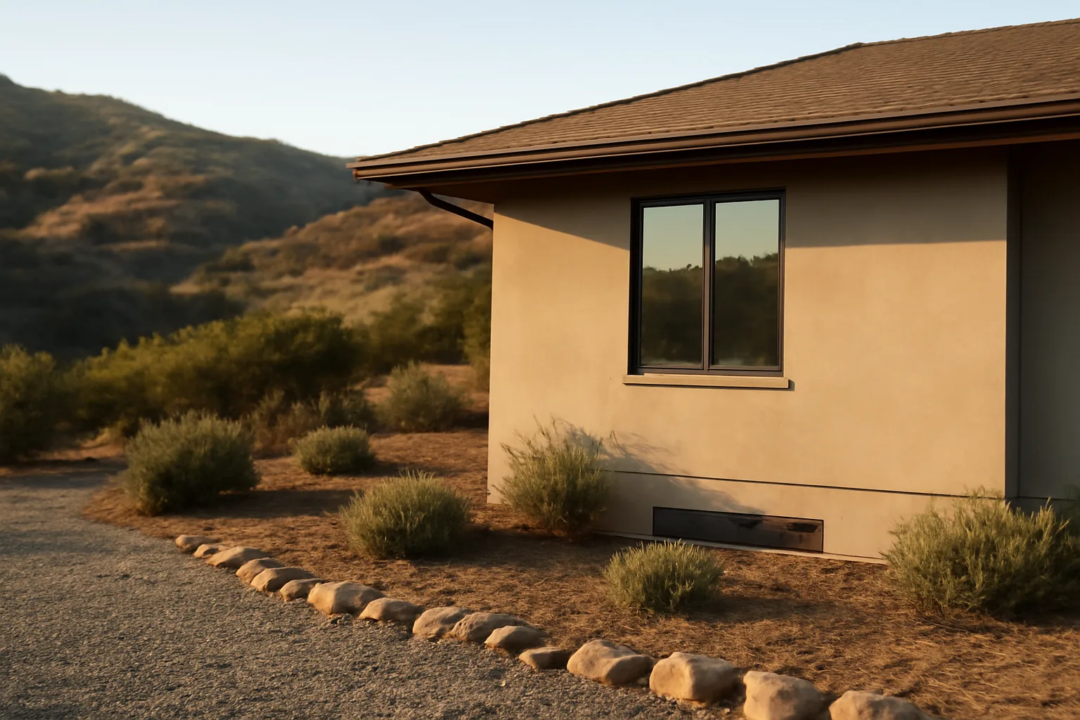 Fire-hardened California house with gravel perimeter and cleared defensible space against hills