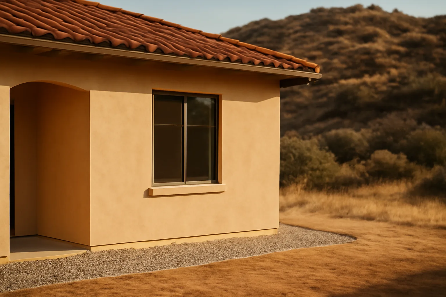 Fire-hardened house with tile roof and cleared five-foot zone against chaparral hillside