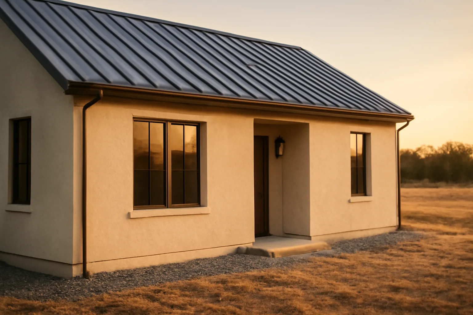 Stucco home with metal roof and gravel clearance zone demonstrating fire-resistant building materials
