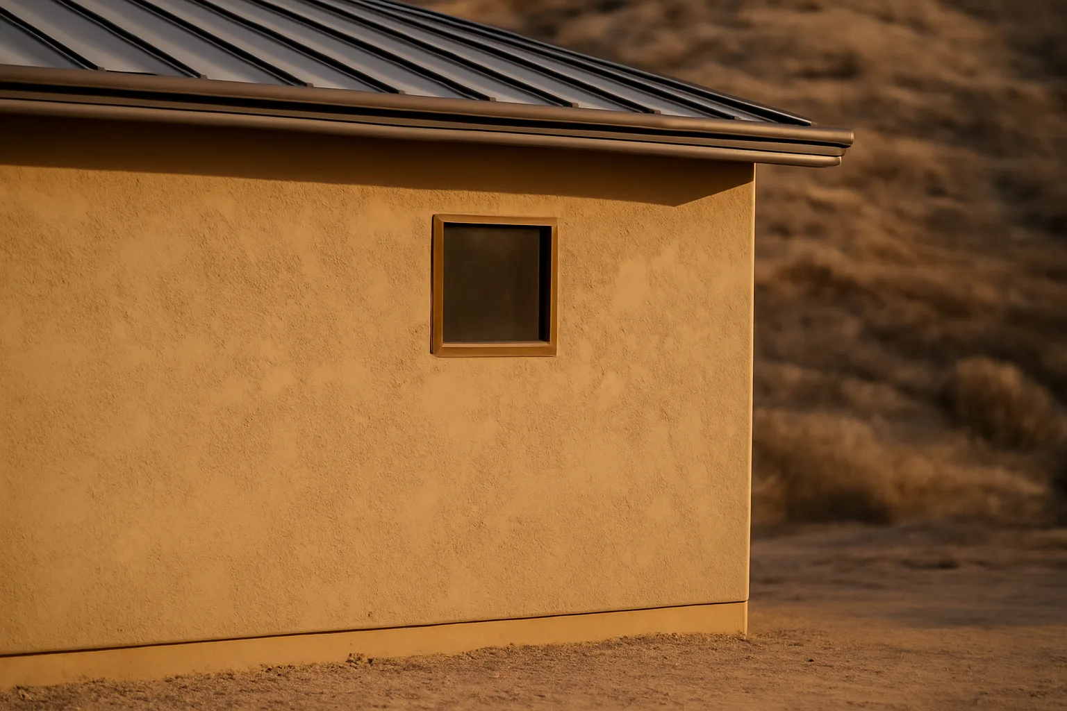 Close-up of fire rated roof, vent, and cleared zone against a wildfire-prone hillside home