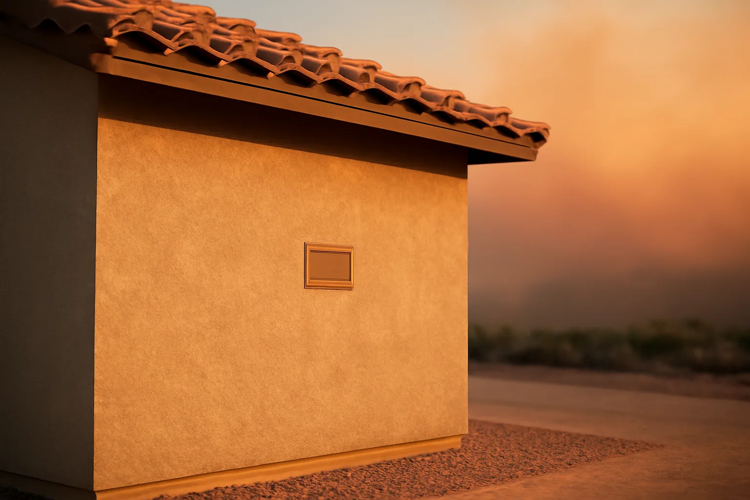Stucco home exterior with tile roof and gravel zone showing fire resistant hardening details