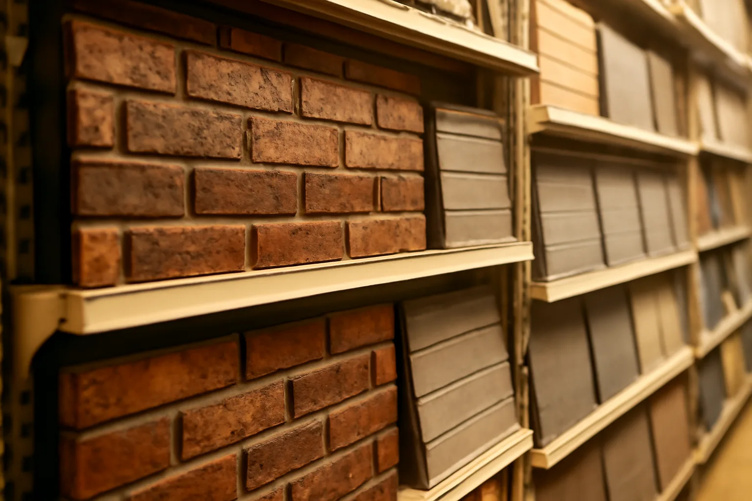 Brick veneer and fiber cement siding samples stacked on a hardware store shelf