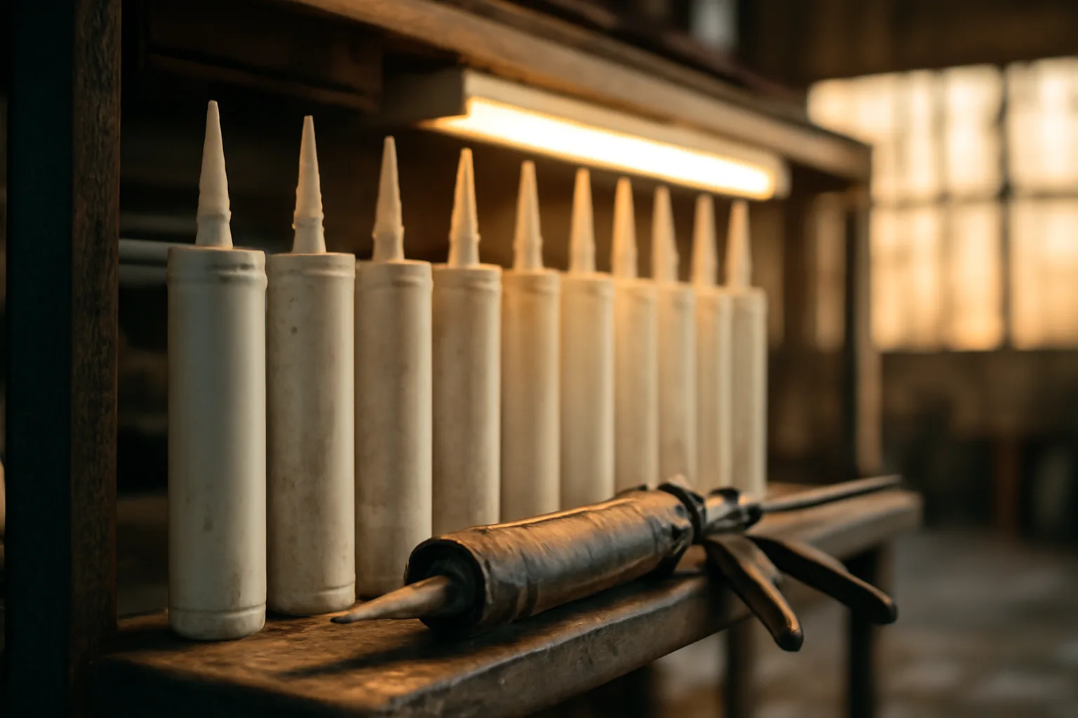 Tubes of fire resistant caulk lined up on a hardware store shelf
