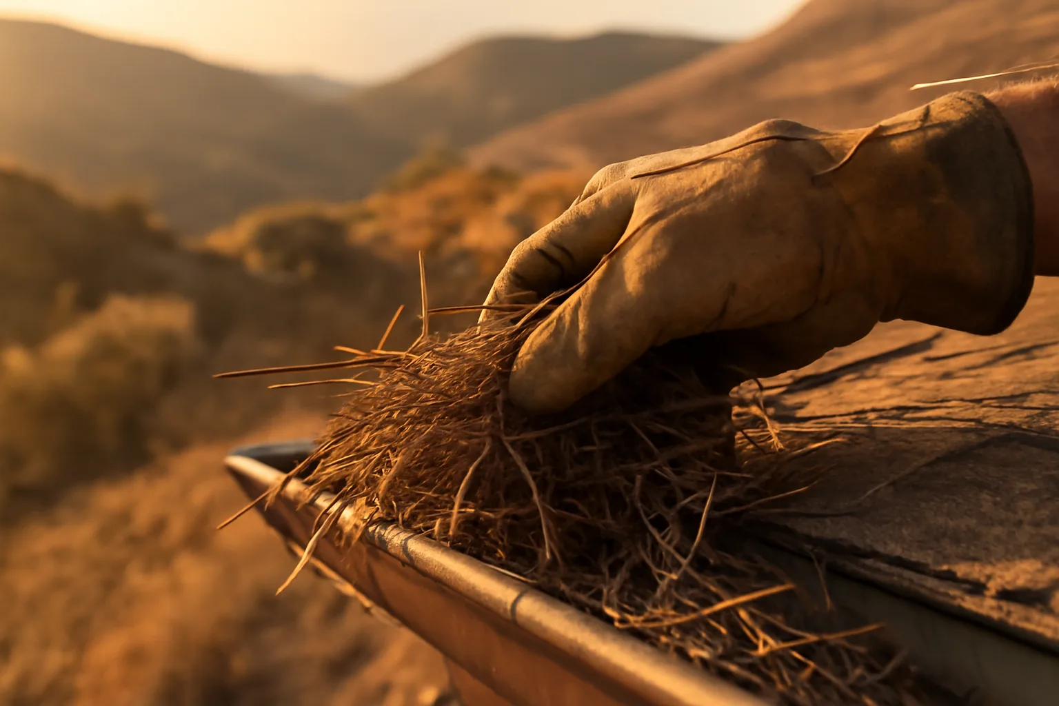 Leather work glove clearing dry pine needles from a home gutter near wildland hills