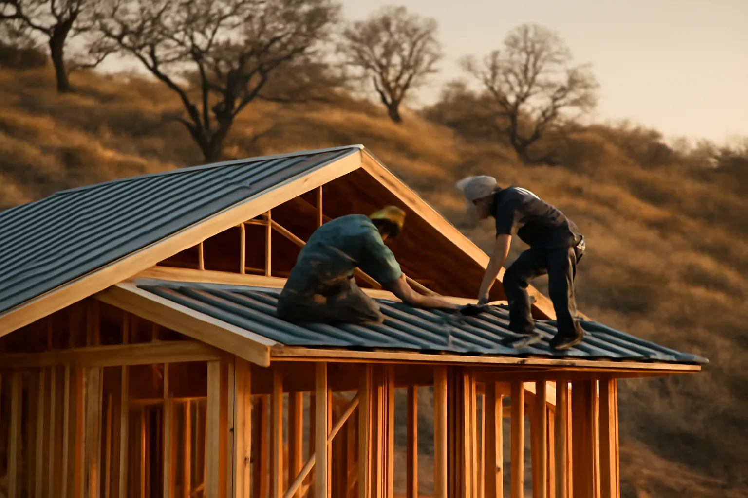 Fire-resistant home under construction on an Altadena hillside near burned trees