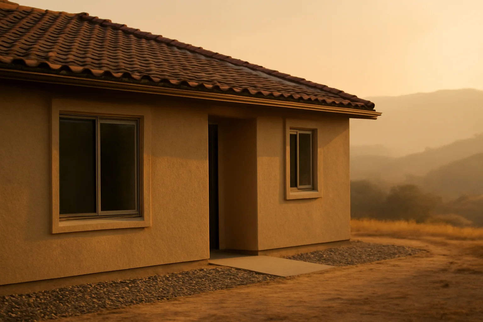 Stucco home with tile roof and gravel foundation border demonstrating a fire resistant home exterior