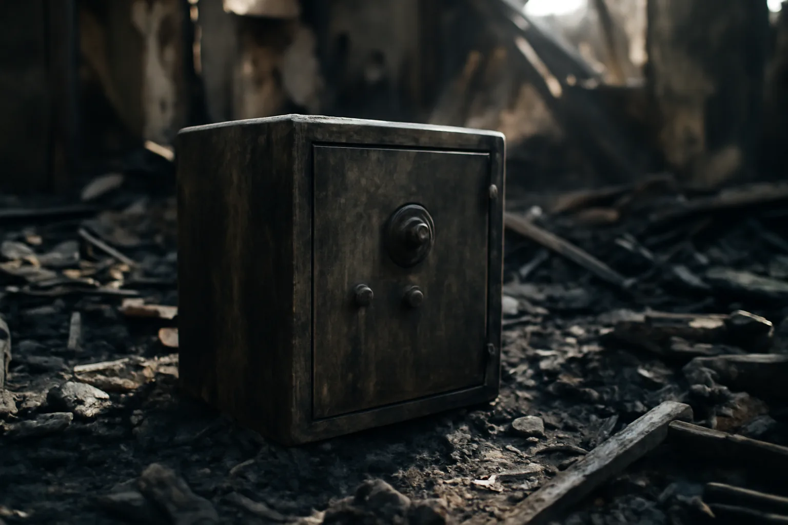 A fire resistant home safe standing intact amid ash and rubble after a house fire
