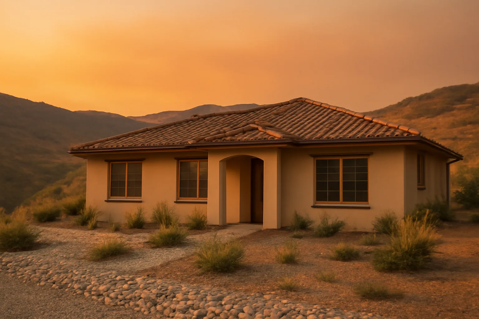 Fire resistant home in California with cleared gravel zone and tile roof against hazy hills