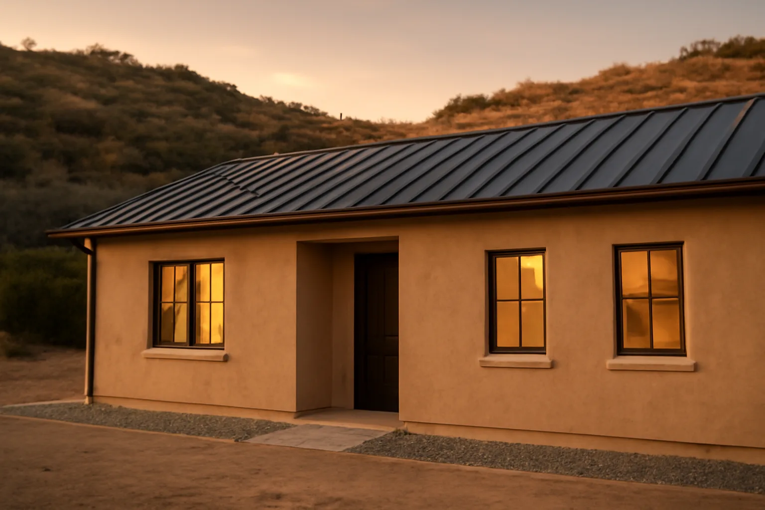 Fire resistant housing shown through a stucco home with metal roof and gravel perimeter near hillside