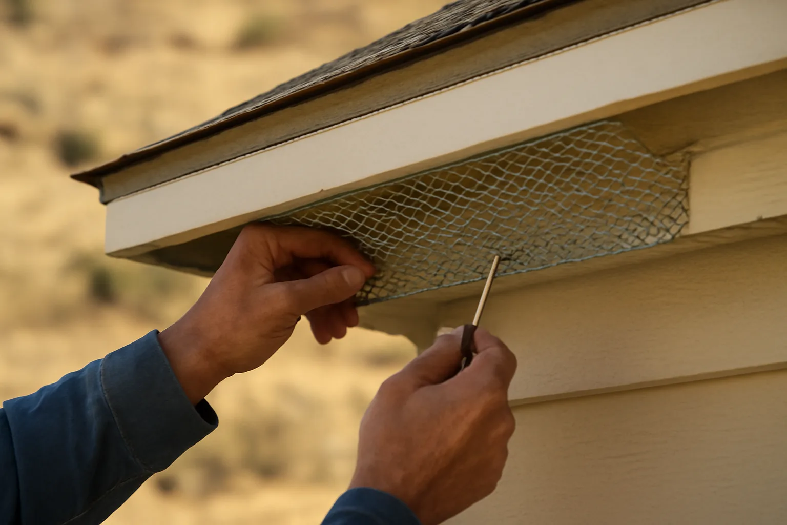 Contractor installing metal mesh vent screen on a home's eave for ember protection