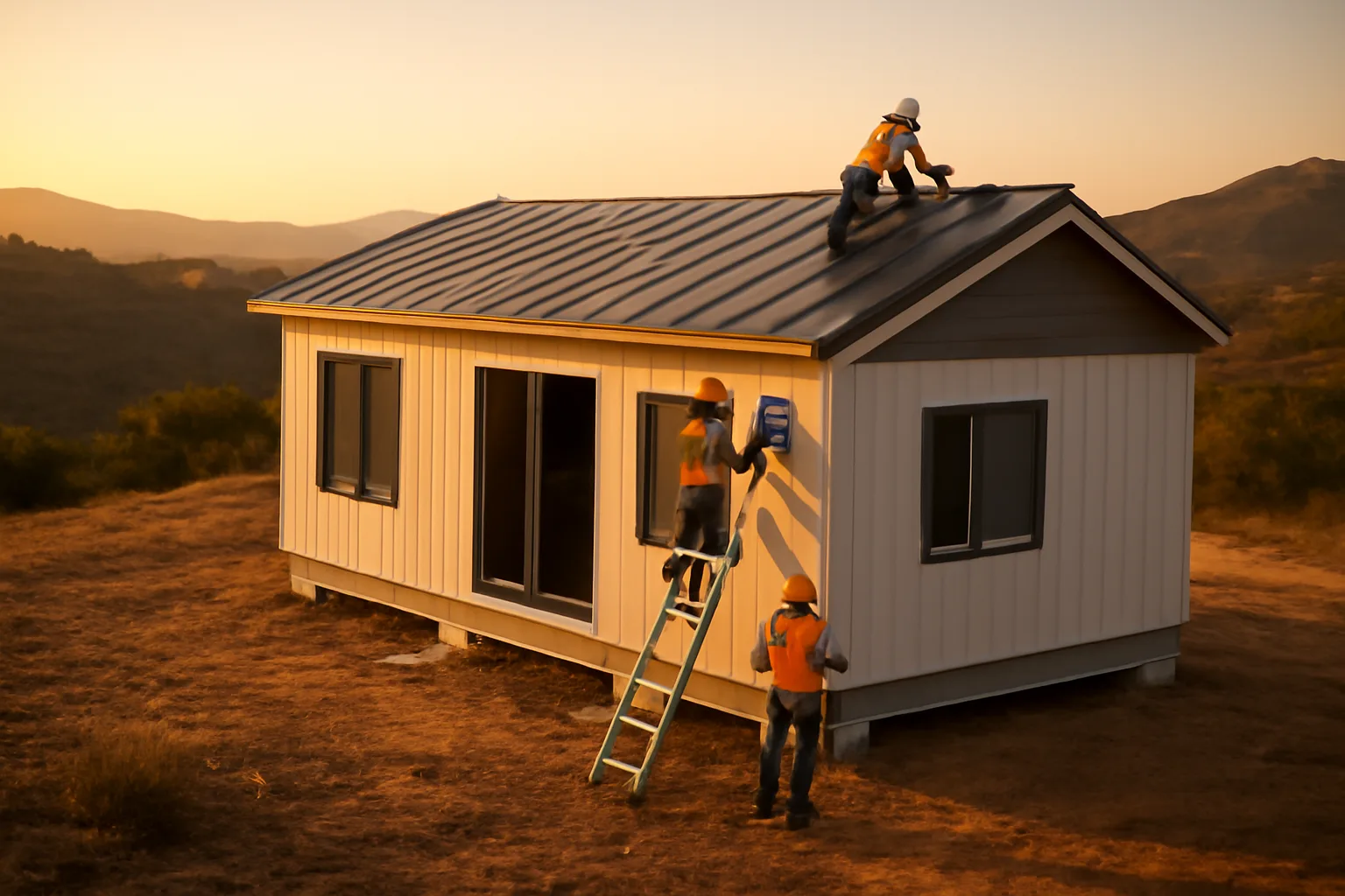 Fire resistant modular home under construction with cleared defensible space in California hills
