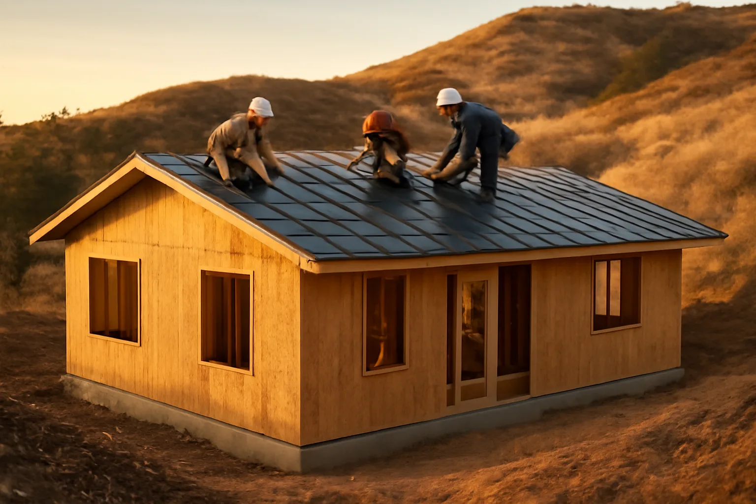 Fire resistant prefab home under construction with metal roofing on a cleared hillside lot