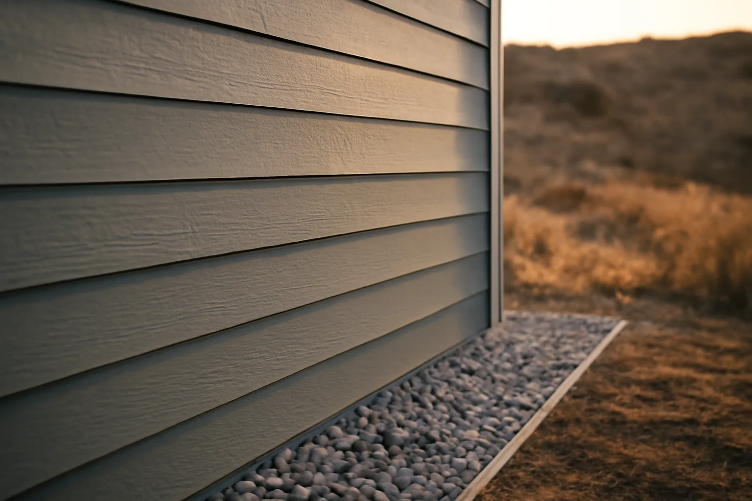 fiber cement fire-resistant siding on a home with gravel border against dry hillside