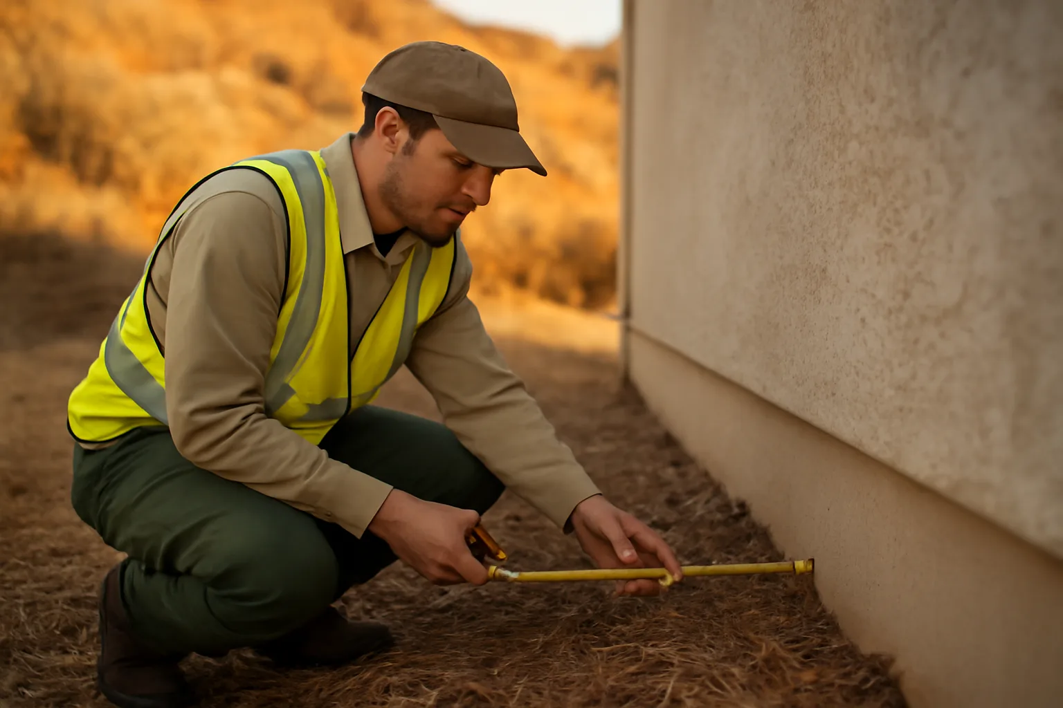 Fire risk consultant measuring defensible space clearance next to a home's foundation