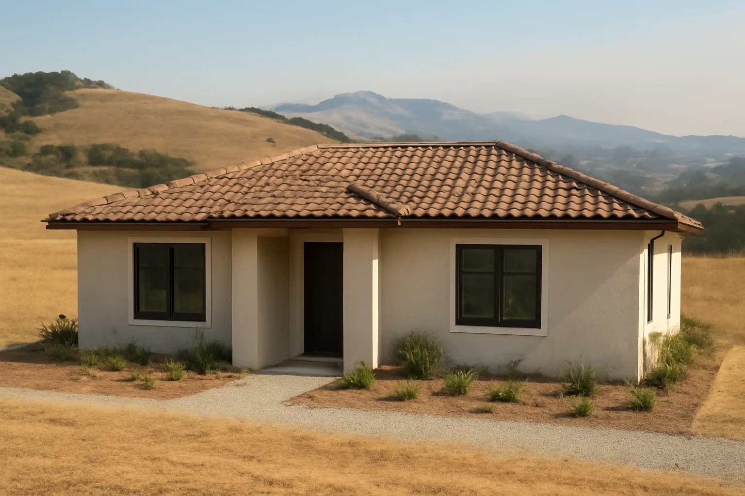 House on a dry hillside with cleared defensible space showing forest fire control in practice