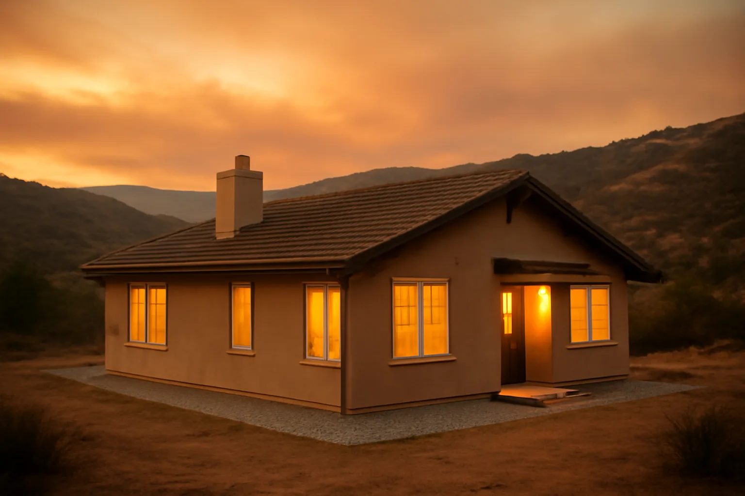 House with cleared defensible space perimeter facing dry hillside at risk of fire