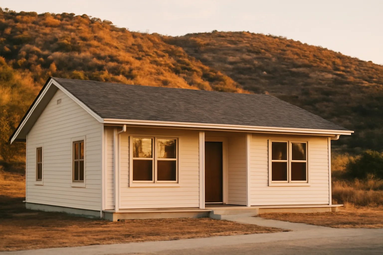 Home with cleared defensible space gravel zone against a dry chaparral hillside at dusk