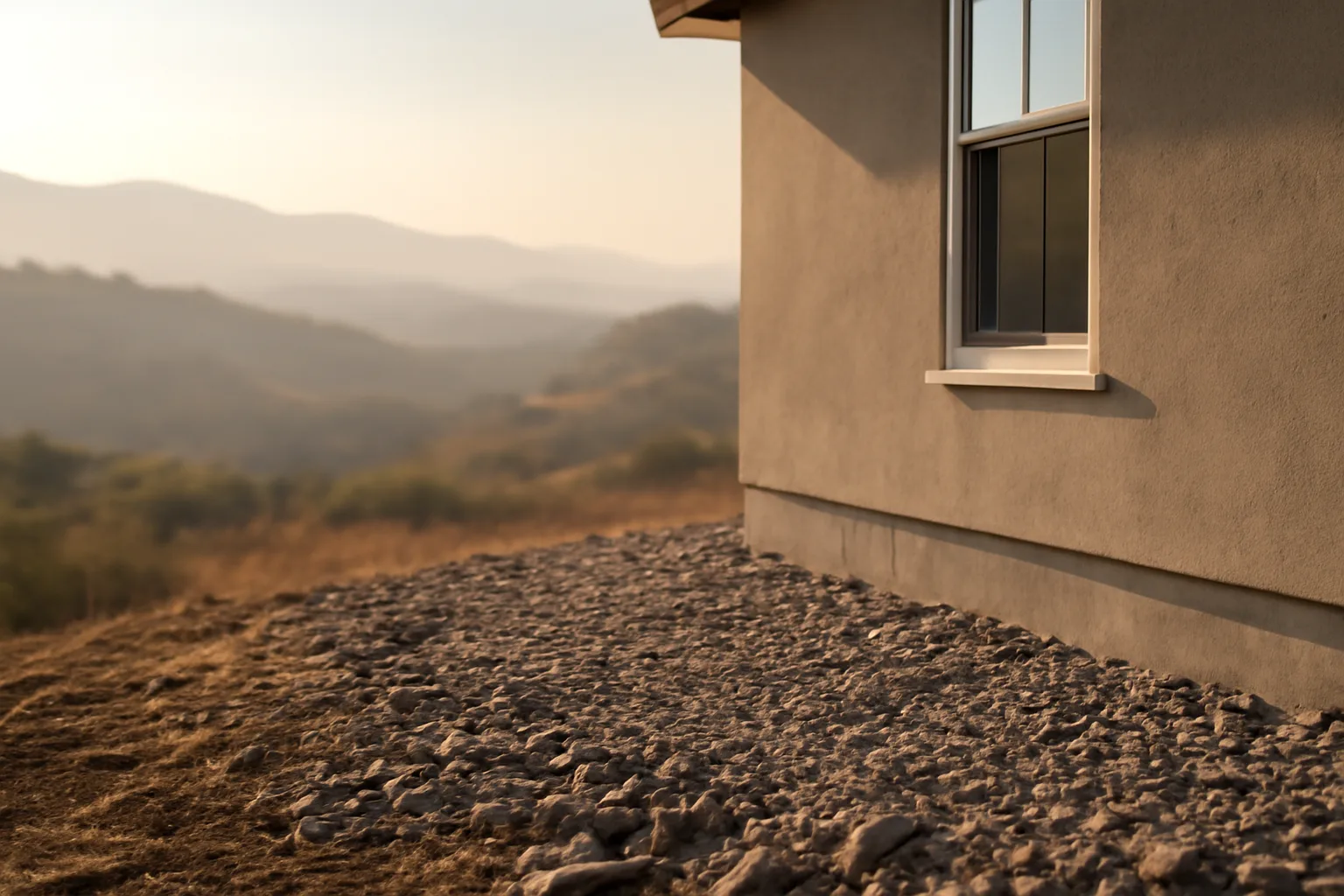 Cleared gravel zone around a hillside home's foundation with smoky hills in distance