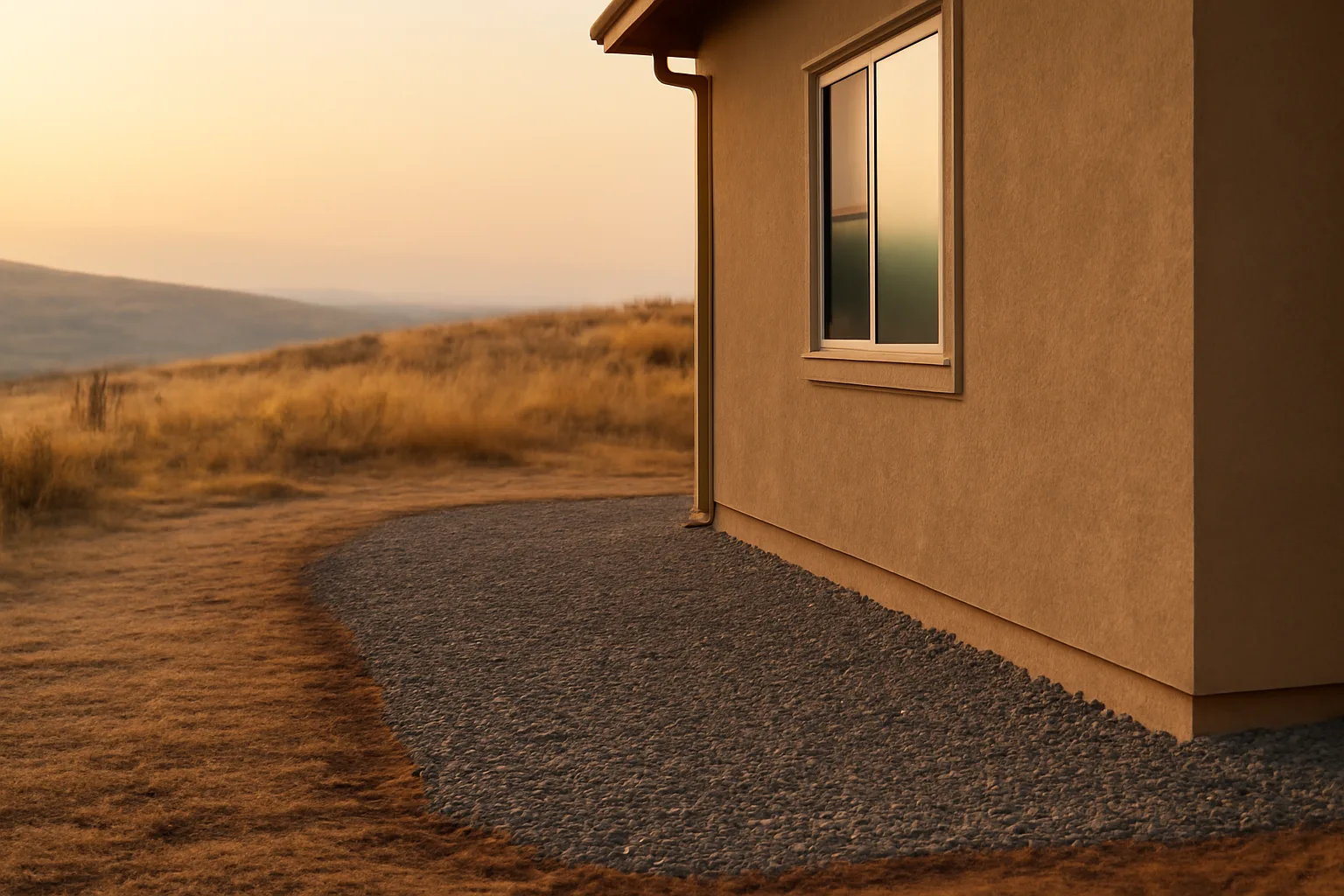 Gravel defensible space zone around a house with dry hillside and distant smoke haze