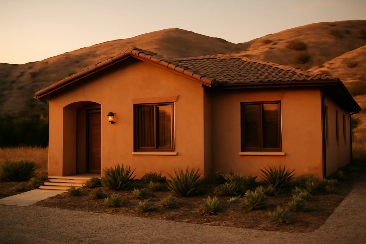 House with cleared defensible space zone and dry hillside behind it at dusk