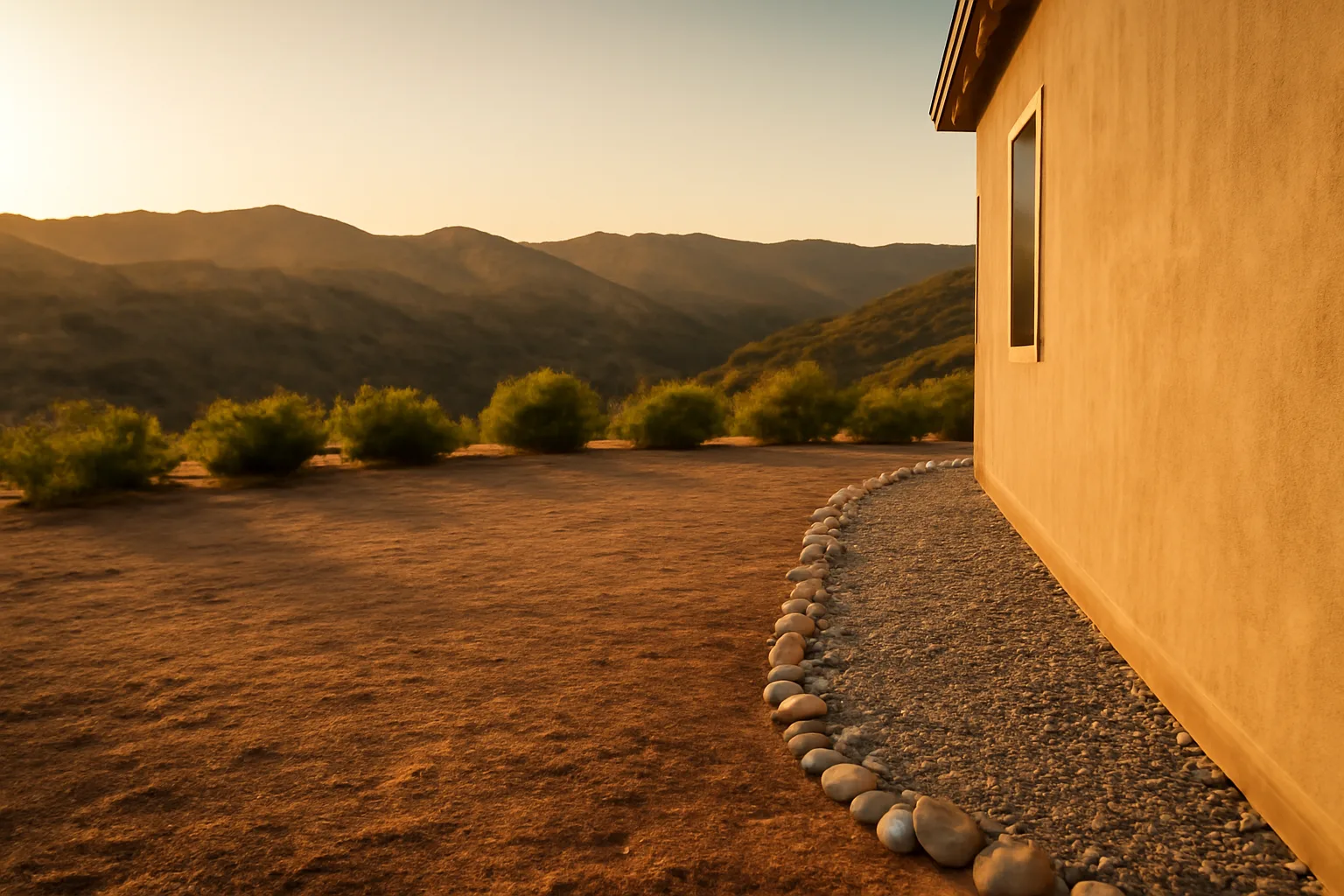 Cleared defensible space zone between a house and dry chaparral hillside at dusk