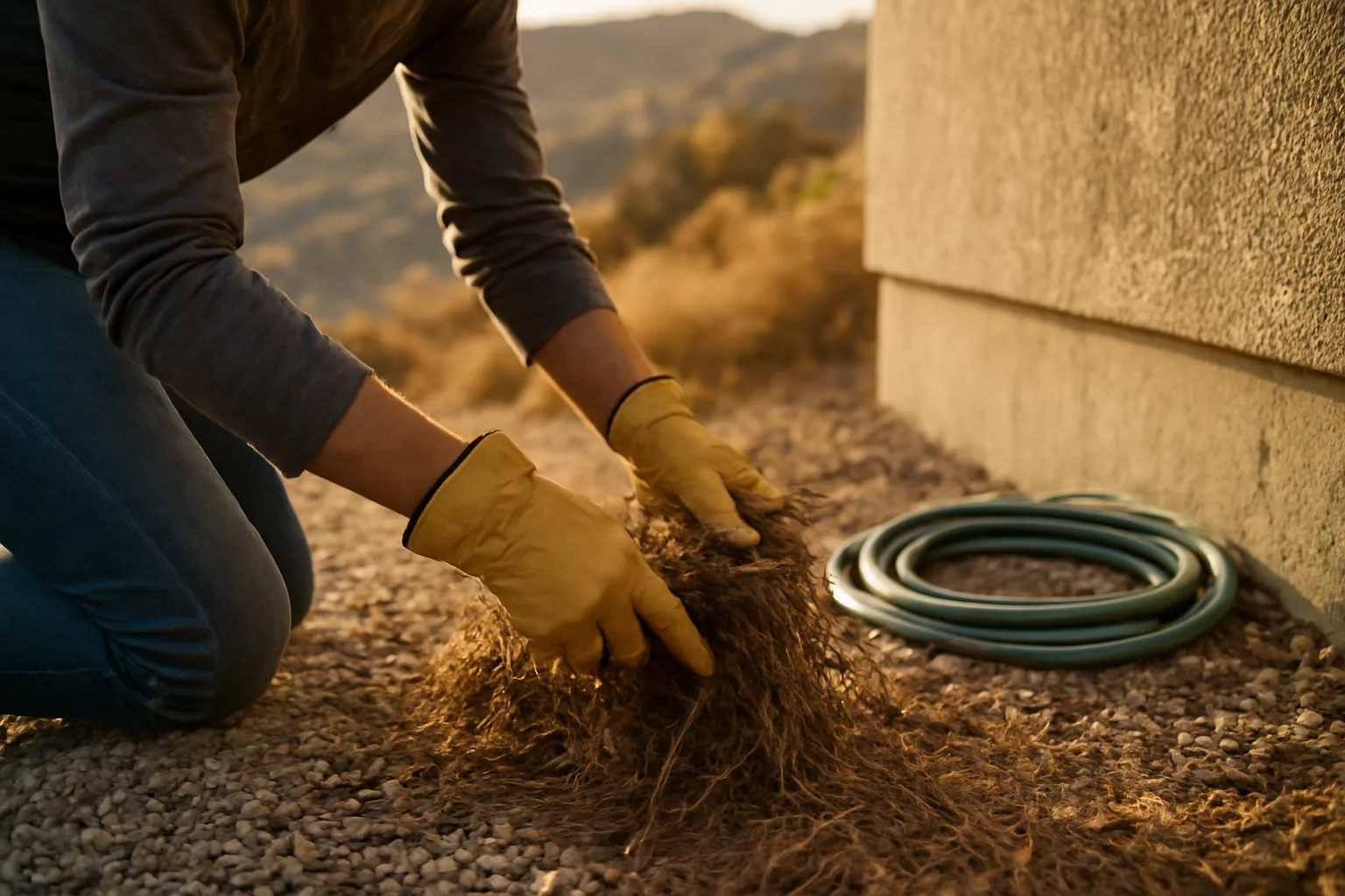 Homeowner clearing dry brush from defensible space zone beside house foundation