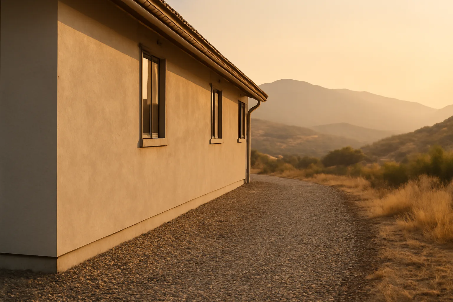 Gravel defensible space buffer around a house with smoky hills behind it