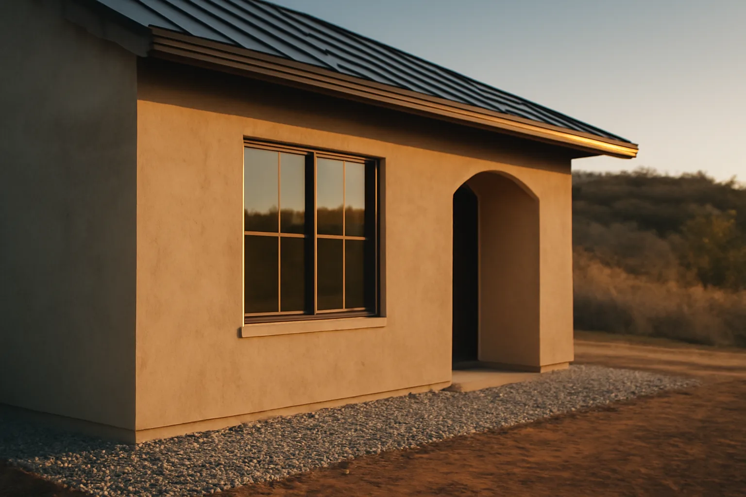 Stucco house with metal roof and cleared gravel zone showing fire resistant home building