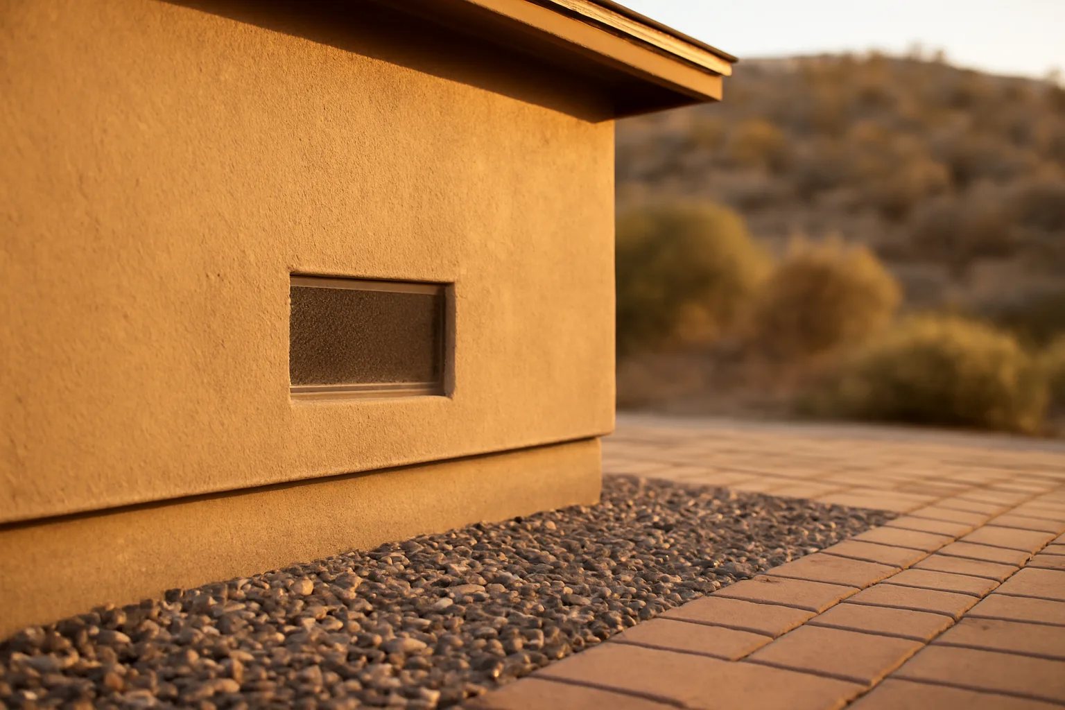 Home foundation hardened with gravel and metal mesh vent against wildfire risk