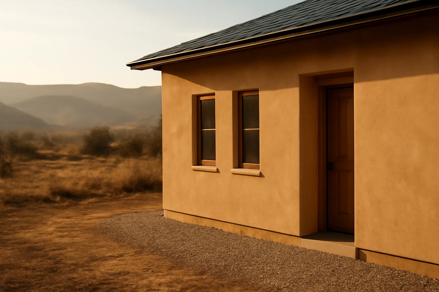 Fire resistant home with gravel buffer zone and cleared brush against hazy hillside