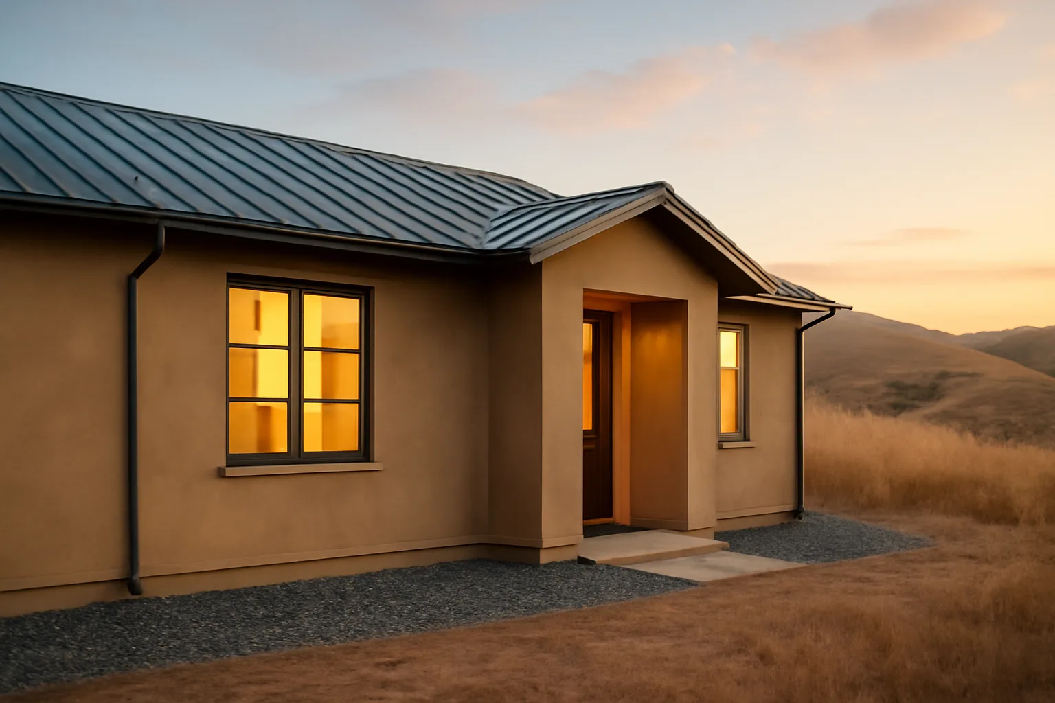 Home with metal roof and gravel perimeter demonstrating fire resistant defensible space landscaping