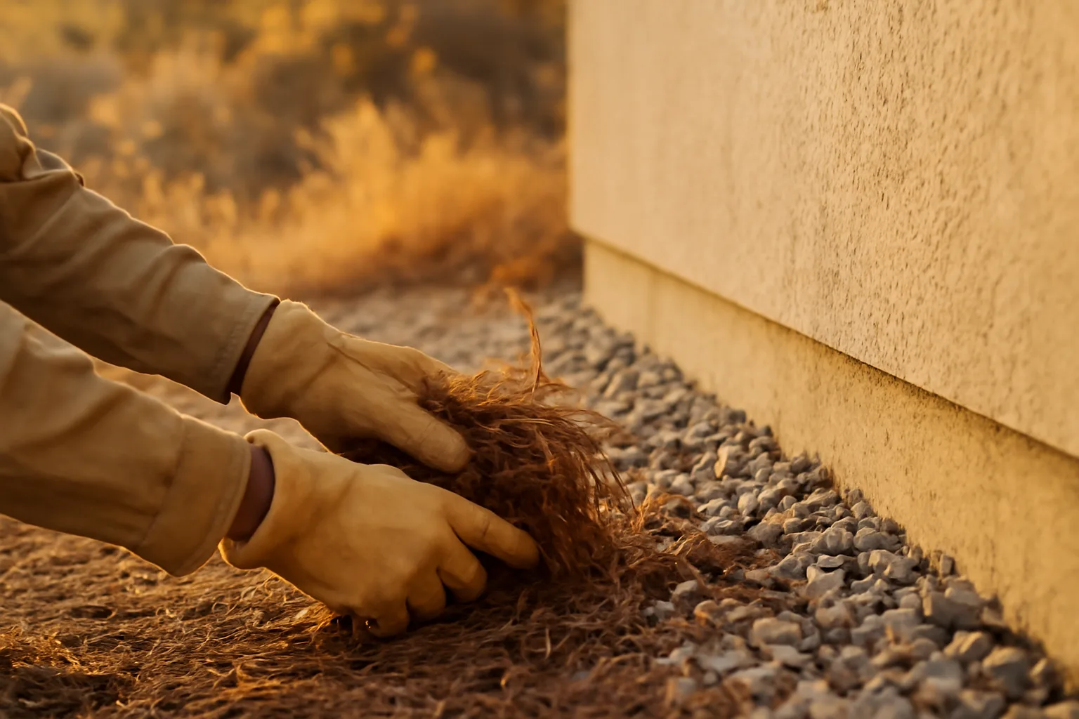 Homeowner clearing debris from the five-foot zone next to a house to mitigate wildfire risk
