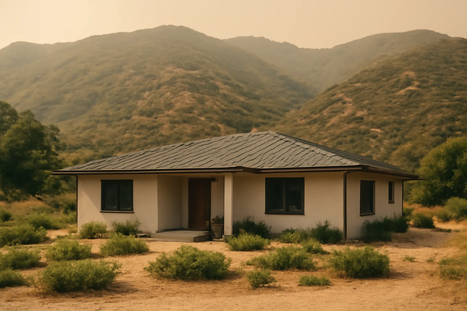 Home with cleared defensible space zone against dry hillside under smoky sky