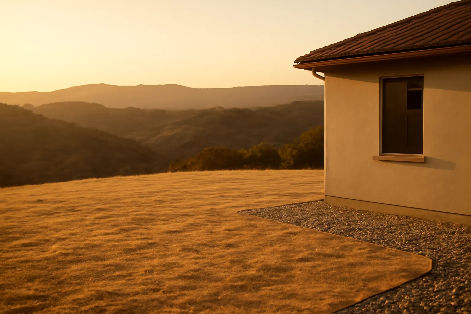 Cleared defensible space zone around a California hillside home at dusk