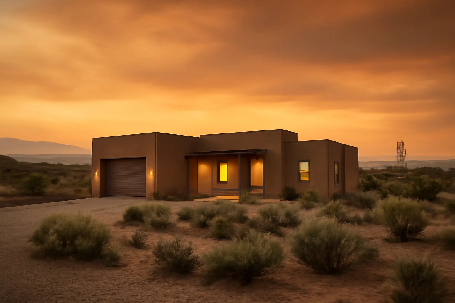 Home with cleared defensible space near power lines under a smoky dusk sky
