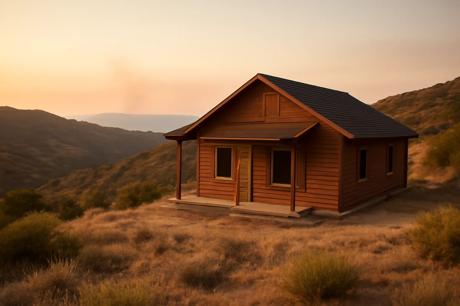 House on a chaparral hillside showing cleared defensible space near the foundation