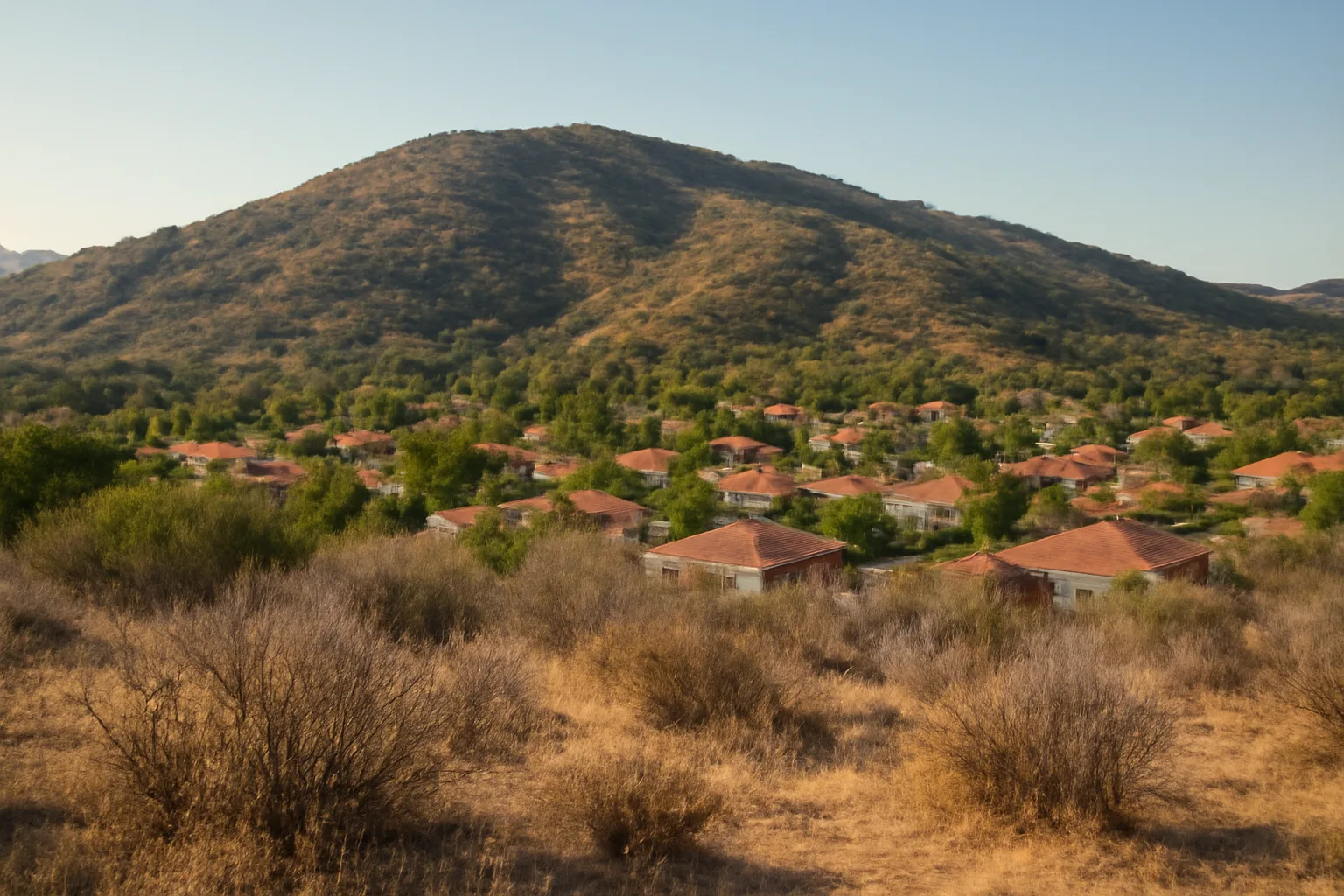 Dry chaparral hillside above a San Diego suburban neighborhood showing wildfire exposure