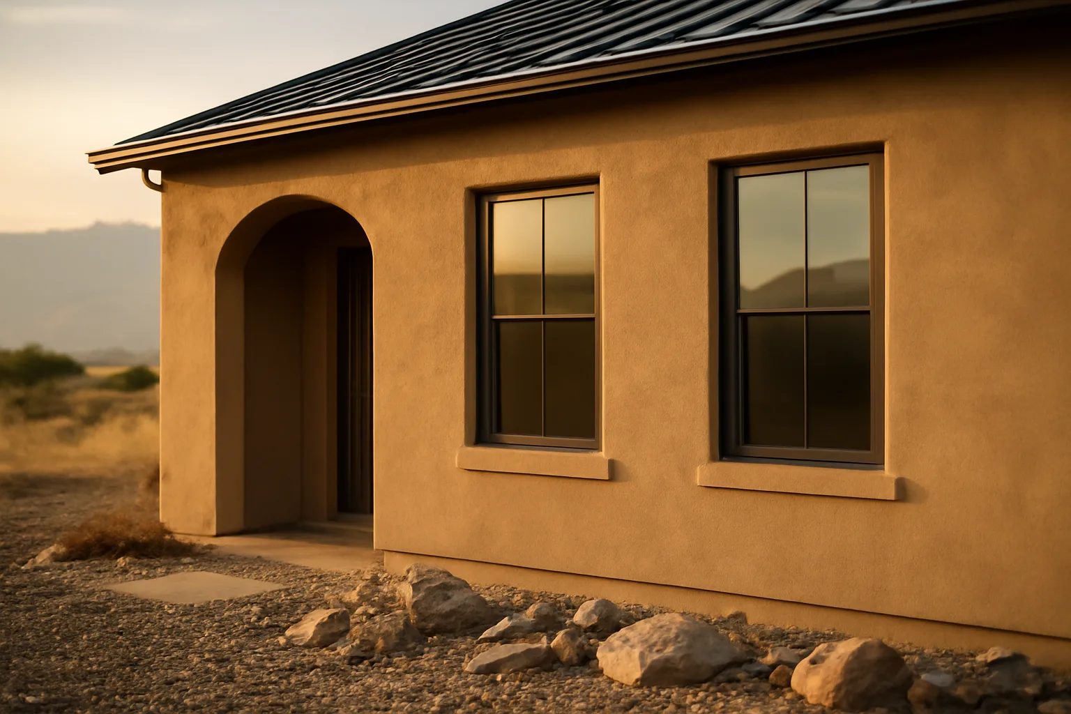 Fire-resistant home with gravel foundation zone and metal roofing near smoky hills