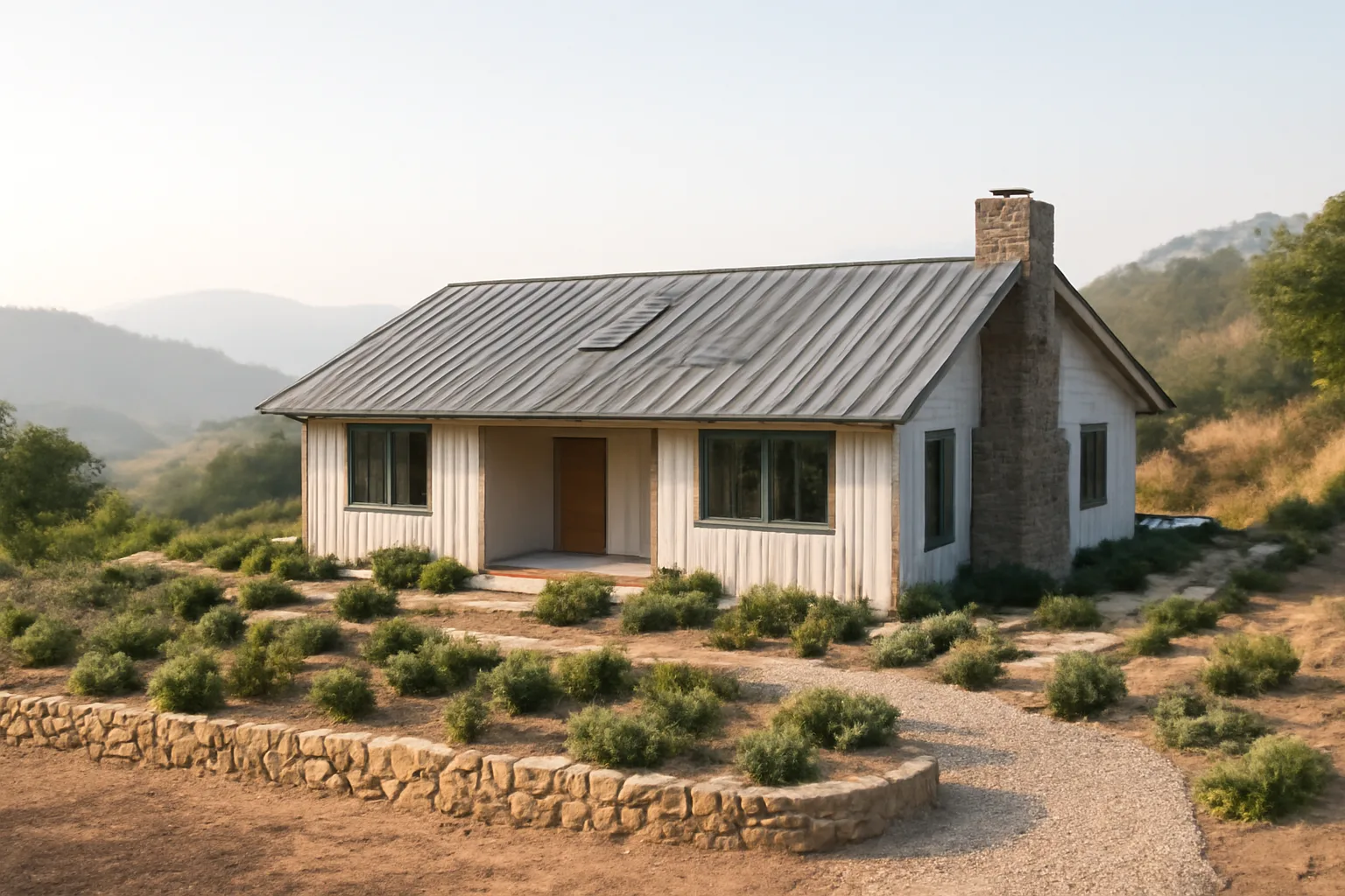 Hardened hillside home in Southern California with cleared defensible space and distant wildfire smoke