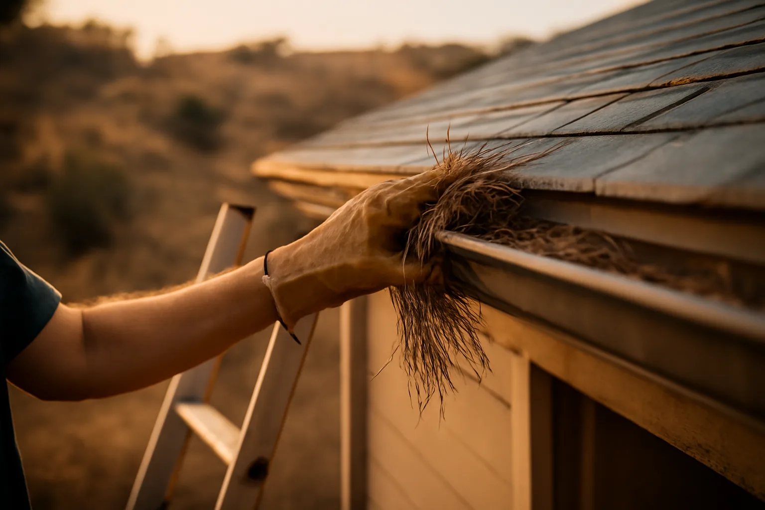 Homeowner clearing gutter debris near dry hillside brush during defensible space work