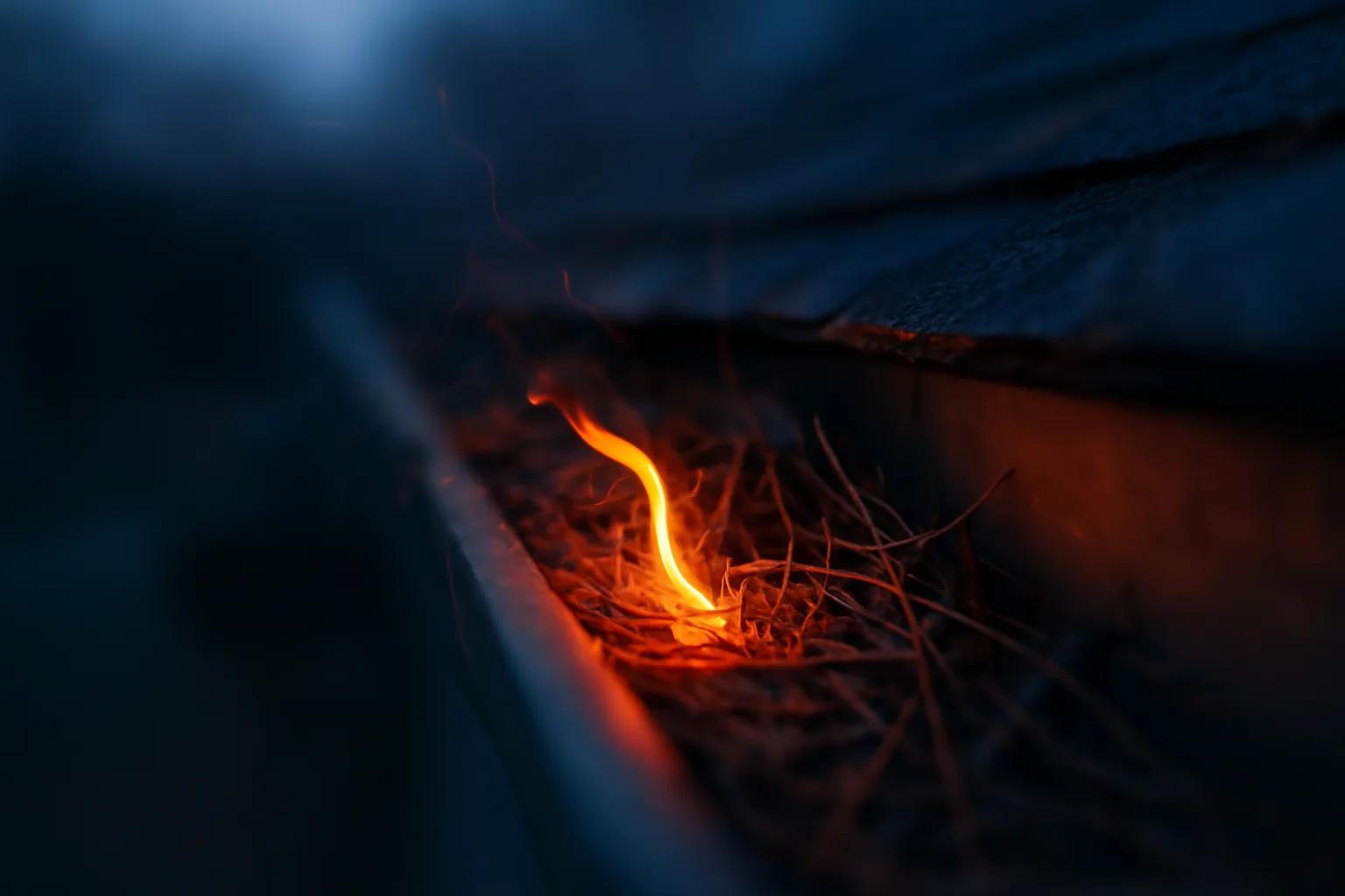 A single glowing ember landing in dry needles inside a house gutter at dusk