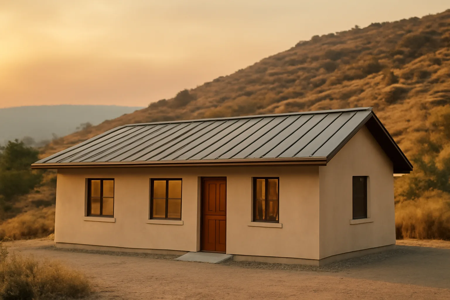 Home with metal roof and gravel defensible space buffer against a smoky hillside horizon
